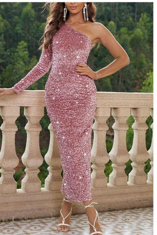 Sparkle and Shine in this Sequin One-Shoulder Midi Dress