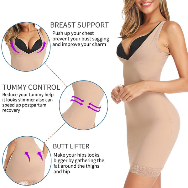 Full Slip Shapewear Dress Bodysuits with Lace Firm Control Waist Cinchers