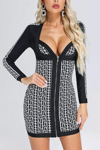 Sculpted Glamour: Slight Stretch Zip-Up Deep V Batch Print Mini Dress