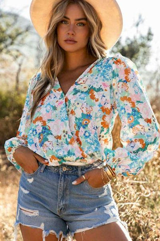 Sky Blue Floral Print Wrap Long Sleeve Bodysuit