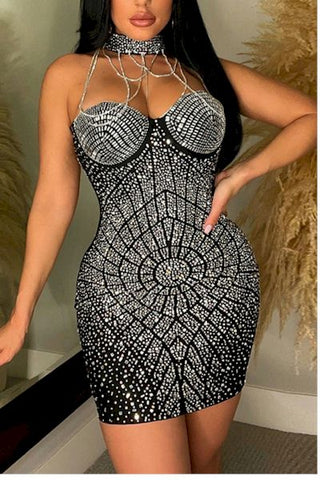Stunning Diamonds and Chains Halter Sexy Mini Dress