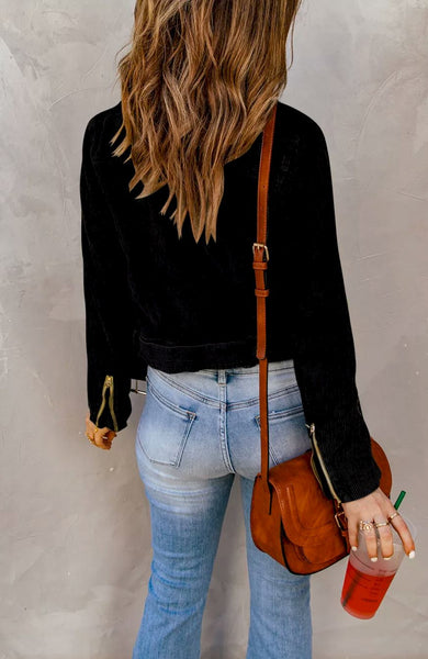 Buckle Belted Zip Up Corduroy Jacket