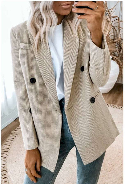 Chevron Ribbed Double Breasted Lapel Collar Blazer