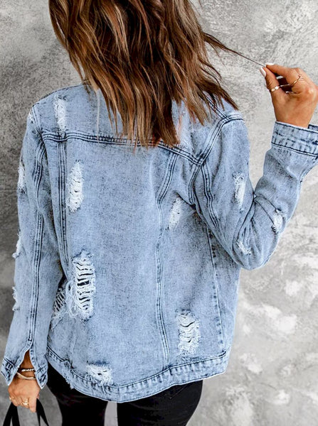 Distressed Buttons Washed Denim Jacket