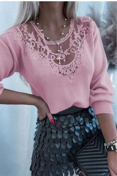 Pink Lace Splicing Knitted Sweater