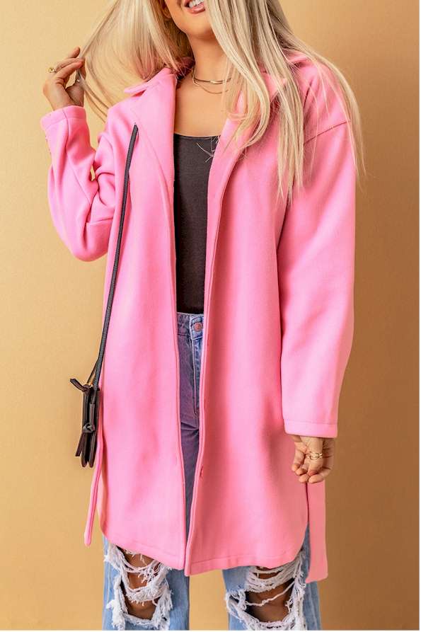 Pink Solid Color Buttoned Coat with Tie