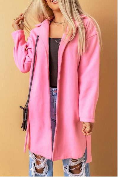 Pink Solid Color Buttoned Coat with Tie