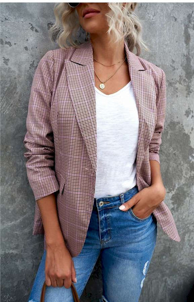 Plaid Print Lapel Collar Button Blazer