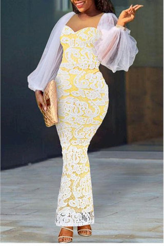 Sexy Stretchy Mesh Lace Zip-Up Maxi Dress