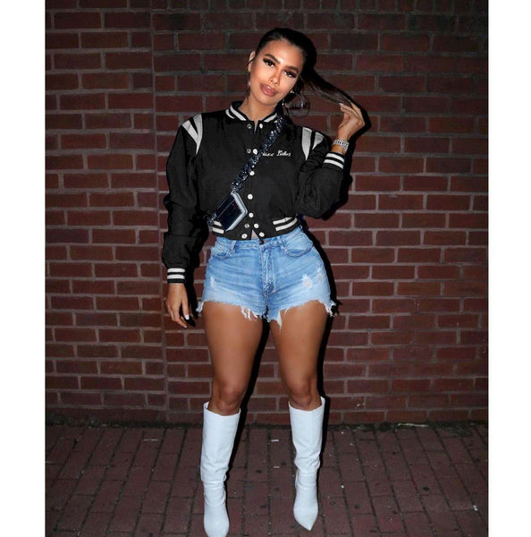 Women's Fashionable Embroidered Cropped Baseball Jacket