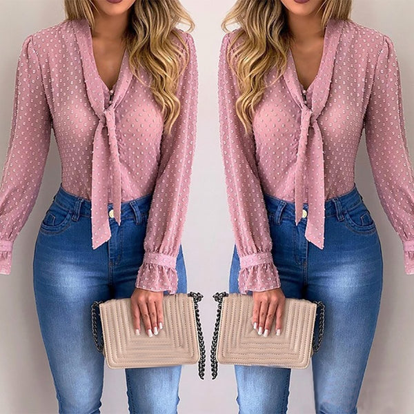 New Elegant Chiffon Long Sleeve V-Neck Top